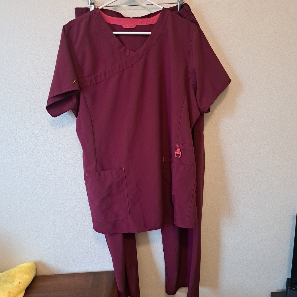 Carhartt Force Cross-Flex Scrub Set Burgundy Pink V-Neck Top Cargo Pants XL L